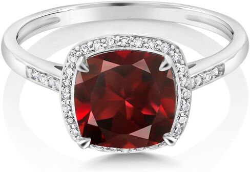 Gem Stone King 10K White Gold Ring Red Garnet and Accent Diamond Women's Engagement Ring 2.74 Ctw Cushion Cut (Available 5,6,7,8,9) in Saudi Arabia