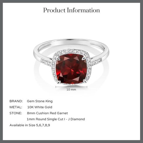 Gem Stone King 10K White Gold Ring Red Garnet and Accent Diamond Women's Engagement Ring 2.74 Ctw Cushion Cut (Available 5,6,7,8,9) in Saudi Arabia