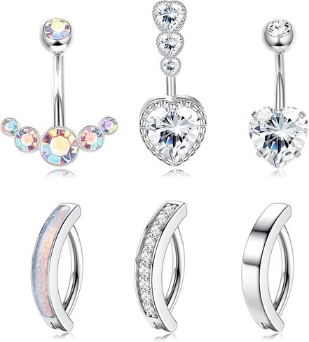 FIASASO 6 قطع 14 جرام خاتم زر البطن للنساء 316L فولاذ جراحي تشيكوسلوفاكيا أوبال حلقات البطن بسيطة عكس حلقات السرة مجوهرات الجسم الفرس البطن زر الدائري in Kuwait