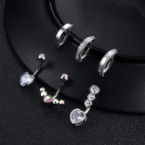 FIASASO 6 قطع 14 جرام خاتم زر البطن للنساء 316L فولاذ جراحي تشيكوسلوفاكيا أوبال حلقات البطن بسيطة عكس حلقات السرة مجوهرات الجسم الفرس البطن زر الدائري in Kuwait