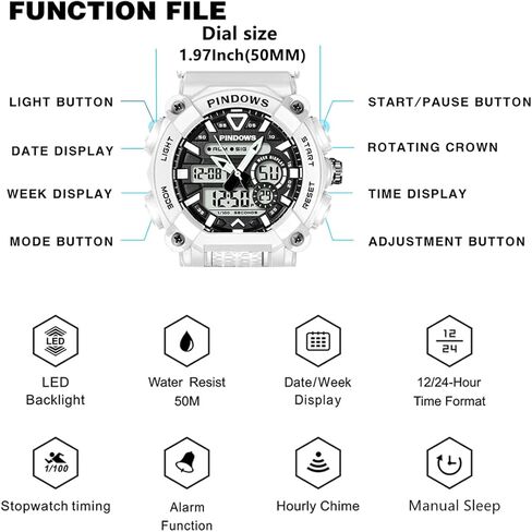 ساعة PINDOWS للرجال رقمية للرجال، ساعة رياضية للمراهقين، ساعة رقمية تناظرية مزدوجة العرض مع منبه ضوئي، مقاومة للماء، ساعة توقيت مزدوجة الوقت، متعددة الوظائف in Kuwait