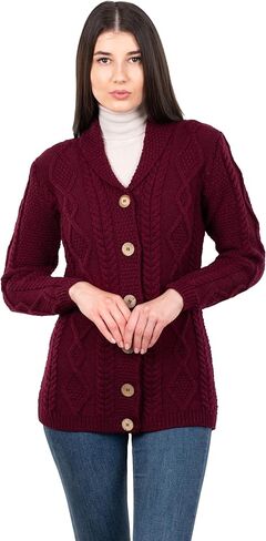 SAOL Shawl Neck Cardigan for Ladies 100% Merino Wool Buttoned V-Neck Sweater Made in Ireland in Kuwait