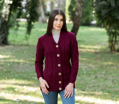 SAOL Shawl Neck Cardigan for Ladies 100% Merino Wool Buttoned V-Neck Sweater Made in Ireland in Kuwait