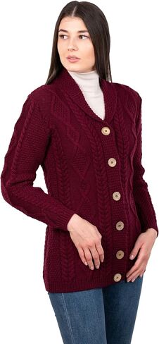 SAOL Shawl Neck Cardigan for Ladies 100% Merino Wool Buttoned V-Neck Sweater Made in Ireland in Kuwait