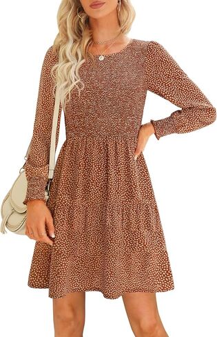 فستان خريفي نسائي غير رسمي منتفخ بأكمام طويلة ورقبة دائرية من Kranda فستان مكشكش ذو طبقات مطوي سوينغ فلوي منقوش عليه زهور فستان قصير على شكل حرف A in Kuwait