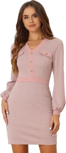 Allegra K Houndstooth Bodycon Dress for Women's V Neck Long Sleeve Pencil Sheath Dresses in Saudi Arabia