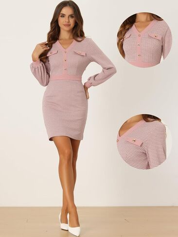 Allegra K Houndstooth Bodycon Dress for Women's V Neck Long Sleeve Pencil Sheath Dresses in Saudi Arabia