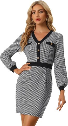 Allegra K Houndstooth Bodycon Dress for Women's V Neck Long Sleeve Pencil Sheath Dresses in Saudi Arabia