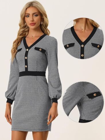 Allegra K Houndstooth Bodycon Dress for Women's V Neck Long Sleeve Pencil Sheath Dresses in Saudi Arabia