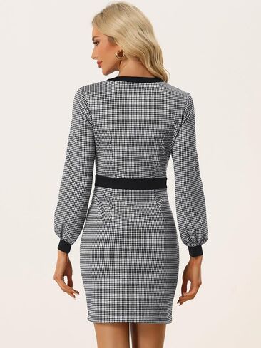 Allegra K Houndstooth Bodycon Dress for Women's V Neck Long Sleeve Pencil Sheath Dresses in Saudi Arabia