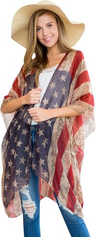 سترة صوفية مطبوعة بالعلم الأمريكي - 4 يوليو، نجمة وشريط وطني أمريكي، شال خفيف الوزن مفتوح كيمونو كارديجان/غطاء سترة in Kuwait