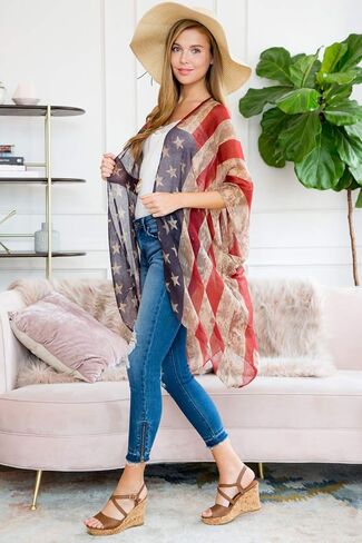 سترة صوفية مطبوعة بالعلم الأمريكي - 4 يوليو، نجمة وشريط وطني أمريكي، شال خفيف الوزن مفتوح كيمونو كارديجان/غطاء سترة in Kuwait