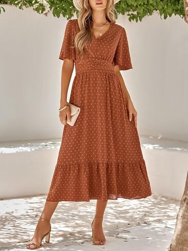 Women's Summer Casual Midi Dress Spring Ruffle Sleeve V Neck A-line Flowy Boho Swiss Dot Dresses in Saudi Arabia
