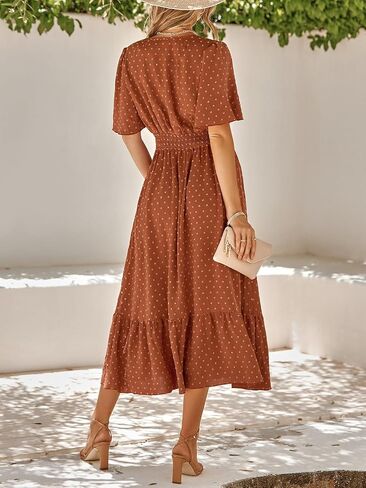 Women's Summer Casual Midi Dress Spring Ruffle Sleeve V Neck A-line Flowy Boho Swiss Dot Dresses in Saudi Arabia