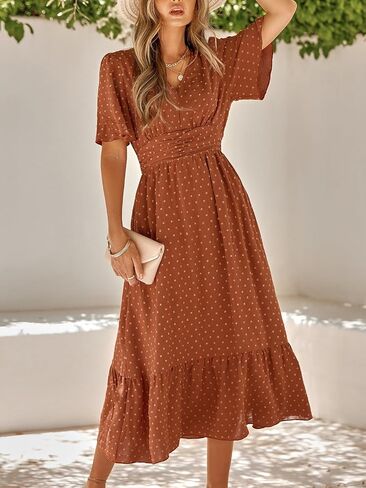Women's Summer Casual Midi Dress Spring Ruffle Sleeve V Neck A-line Flowy Boho Swiss Dot Dresses in Saudi Arabia