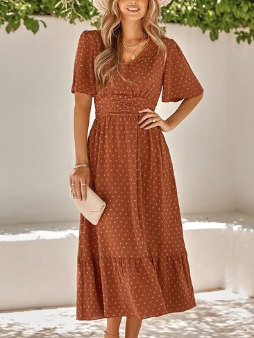 Women's Summer Casual Midi Dress Spring Ruffle Sleeve V Neck A-line Flowy Boho Swiss Dot Dresses in Saudi Arabia