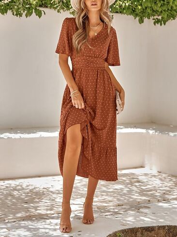 Women's Summer Casual Midi Dress Spring Ruffle Sleeve V Neck A-line Flowy Boho Swiss Dot Dresses in Saudi Arabia
