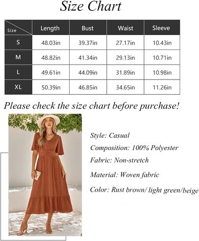 Women's Summer Casual Midi Dress Spring Ruffle Sleeve V Neck A-line Flowy Boho Swiss Dot Dresses in Saudi Arabia