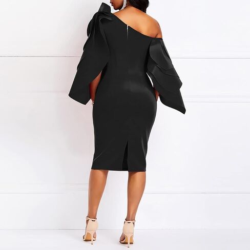 فستان VERWIN Bodycon للنساء بأكمام طويلة بطول الركبة وأكمام مكشكشة بدون أكتاف فستان سهرة in Kuwait