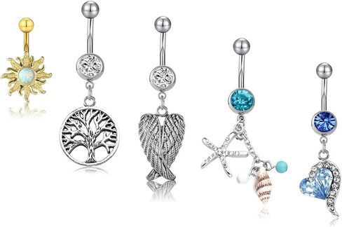 Zysta 5 قطع حلقات البطن للنساء من الفولاذ المقاوم للصدأ 14 جرام مختلط منحني الحديد تشيكوسلوفاكيا تتدلى السرة الدائري هيئة ثقب المجوهرات الفولاذ الجراحي in Kuwait