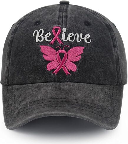 Breast Cancer Awareness Hat for Women, Adjustable Embroidered Cotton Denim Believe Pink Ribbon Butterfly Baseball Cap in Saudi Arabia