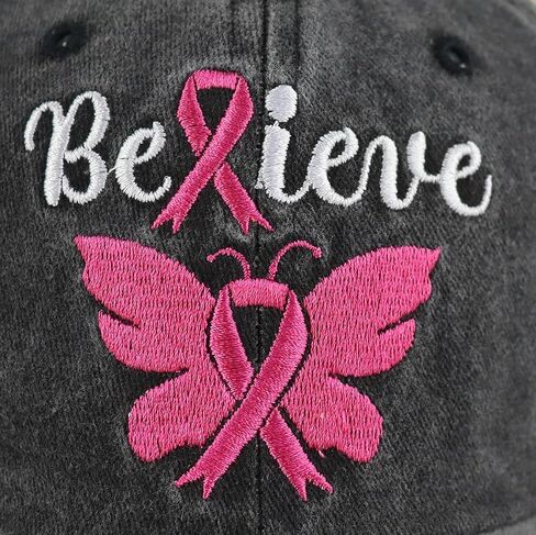 Breast Cancer Awareness Hat for Women, Adjustable Embroidered Cotton Denim Believe Pink Ribbon Butterfly Baseball Cap in Saudi Arabia