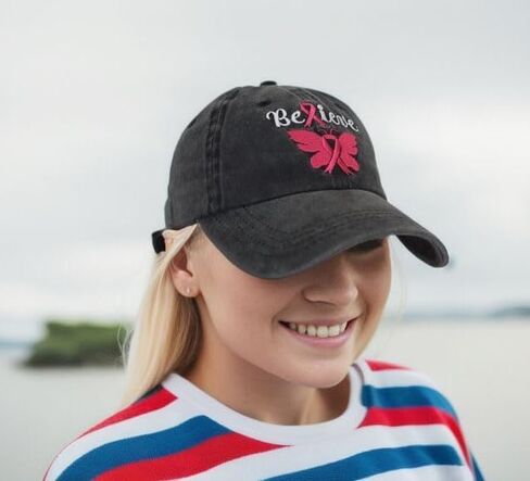 Breast Cancer Awareness Hat for Women, Adjustable Embroidered Cotton Denim Believe Pink Ribbon Butterfly Baseball Cap in Saudi Arabia