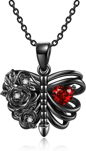 AXOMY Skeleton Necklace 925 Sterling Silver Black Rose Skeleton Pendant Necklace Goth Skull Skeleton Jewelry Gifts for Women Girls Halloween Gothic Party in Saudi Arabia