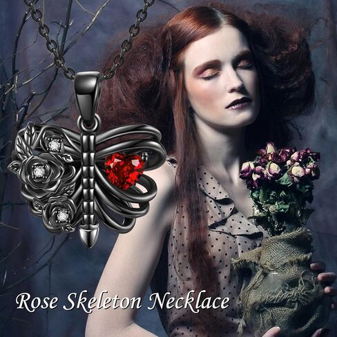AXOMY Skeleton Necklace 925 Sterling Silver Black Rose Skeleton Pendant Necklace Goth Skull Skeleton Jewelry Gifts for Women Girls Halloween Gothic Party in Saudi Arabia