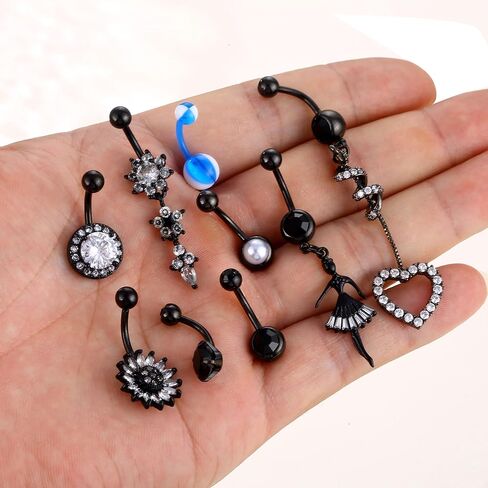 K & Y 8 قطعة 14 جرام الفولاذ المقاوم للصدأ منحني البطن خاتم على شكل زر ثقب قلادة الجراحية البطن خاتم على شكل زر هيئة ثقب المجوهرات للنساء in Kuwait