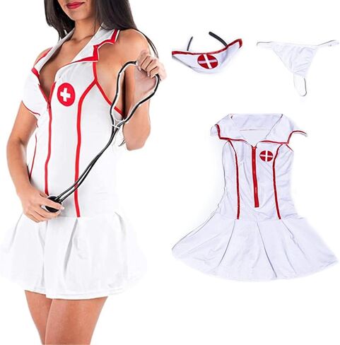 HOTSO مثير ممرضة الزي فستان بتصميم حالم المرأة المشاغب زي ممرضة لعب الأدوار الملابس الداخلية تأثيري بيبي دول مع خوذة g-سلسلة in Kuwait