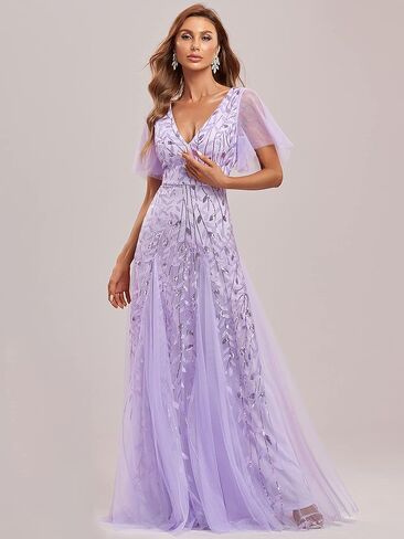 فستان نسائي من Ever-Pretty على شكل حرف a مطرز بالترتر وأكمام مكشكشة لحفلات الزفاف لافندر US22 in Kuwait