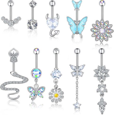 10 Pcs Dangle Belly Button Rings Piercing Belly Button Rings for Women Silver Heart Stainless Steel Curved Belly Rings Jewelry Dangling Cute Heart Butterfly Navel Rings Women's Body Piercing Barbells in Saudi Arabia