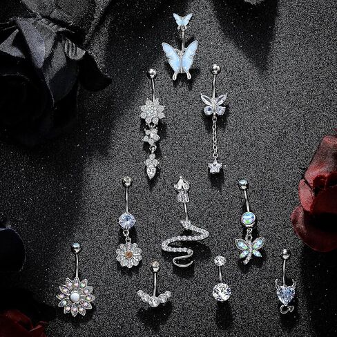 10 Pcs Dangle Belly Button Rings Piercing Belly Button Rings for Women Silver Heart Stainless Steel Curved Belly Rings Jewelry Dangling Cute Heart Butterfly Navel Rings Women's Body Piercing Barbells in Saudi Arabia