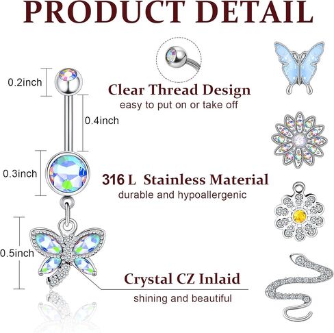 10 Pcs Dangle Belly Button Rings Piercing Belly Button Rings for Women Silver Heart Stainless Steel Curved Belly Rings Jewelry Dangling Cute Heart Butterfly Navel Rings Women's Body Piercing Barbells in Saudi Arabia
