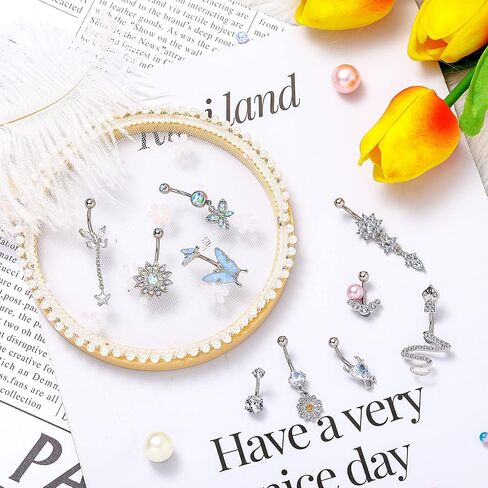 10 Pcs Dangle Belly Button Rings Piercing Belly Button Rings for Women Silver Heart Stainless Steel Curved Belly Rings Jewelry Dangling Cute Heart Butterfly Navel Rings Women's Body Piercing Barbells in Saudi Arabia