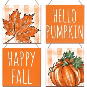 4Pcs Fall Wooden Hanging Sign Rustic Autumn Pumpkin Maple Leaf Wood Hanging Ornaments for Thanksgiving Home Farmhouse Indoor Outdoor Wall Decor