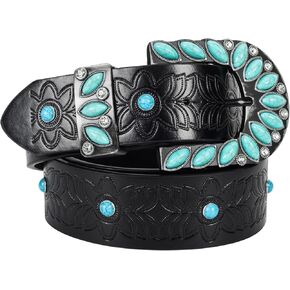 Women's Genuine Leather Turquoise Belt with Western Buckle | Bohemian Fashion Accessory for Dresses, Jeans