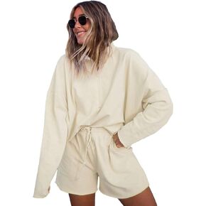 Bozanly Women's 2 Piece Outfits Casual Quarter Zip Long Sleeve Pullover and Drawstring Shorts Lounge Set