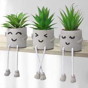 3 Pcs Artificial Succulent Plants with Gray Flower Pots Cute Creative Emotional Cement Potted Plants Fake Small Plants Hanging Leg Potted Succulents for Office Kitchen Shelf Desk Decor