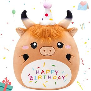 12'' Happy Birthday Scottish Highland Cow Plush Pillow,Soft Birthday Highland Cow Plushies,Cute Cow Stuffed Animal,Happy Birthday Plush Toy Party Decor Birthday Gifts for Kids Boys Girls