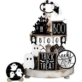 15 Pcs Halloween Tiered Tray Decor Set Cute Halloween Wooden Signs Farmhouse Rustic Tiered Tray Decoration Items for Home Table House Room Kitchen Party (Ghost)
