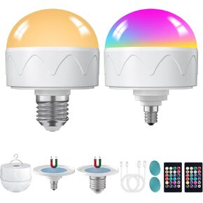2Pack Rechargeable Light Bulbs with Remote E26/E12 Battery Operated Light Bulb 2200mAh, 3 Color Temperatures/Timer/Dimmer/Color Changing Puck Lights with Remote, Cordless Light Bulb for Non-Hardwired