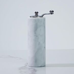White Marble Salt-Pepper Shaker with Grey Veining and Stainless Steel Shaker Plate for Stylish Kitchen and Dining Room Use (White Shaker)
