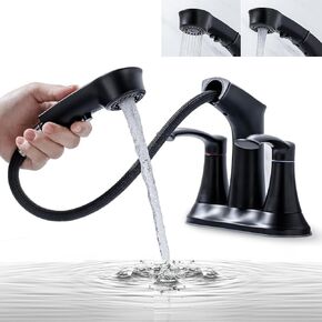 Bathroom Faucet with Pull Out Sprayer, 4 Inch Centerset 3 Hole Faucet Utility Sink Faucet, 2 Handle Pull Out Basin Mixer Tap for Bathroom - Utility Sink or Laundry Tub, Brushed Nickel