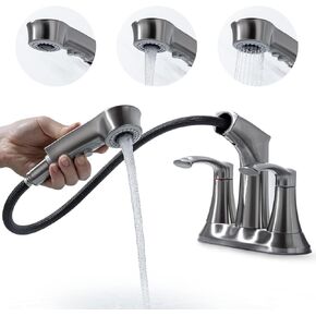 Bathroom Faucet with Pull Out Sprayer, 4 Inch Centerset 3 Hole Faucet Utility Sink Faucet, 2 Handle Pull Out Basin Mixer Tap for Bathroom - Utility Sink or Laundry Tub, Brushed Nickel