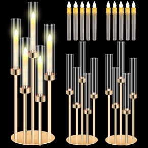 4 Set 5 Arm Gold Floor Candelabras Centerpieces with 5 LED Candles 26.8'' Tall Wedding Metal Candle Holder Clear Candelabra Removable Lampshade Fit 0.8 LED Candle for Party Dinner Table Home