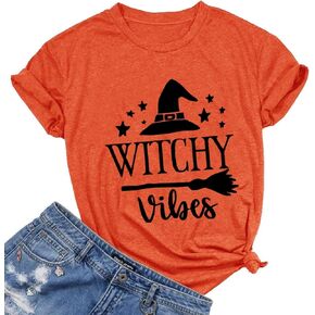 Women Witchy Vibes Shirt Halloween Basic Witch Magic Tee Nightmare Before Christmas Graphic Top