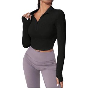 SweatyRocks Women's Half Zip Yoga Tops Collar Long Sleeve Crop Workout Shirts with Thumb Holes