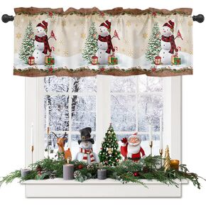 Christmas Curtain Valance 54" x 18", Snowman Valances for Window Rod Pocket Curtains Drapes, Xmas Snowman Beige Snowfalke Wooden Lace Short Topper Curtain for Kitchen Cafe Living Room, 1 Panel